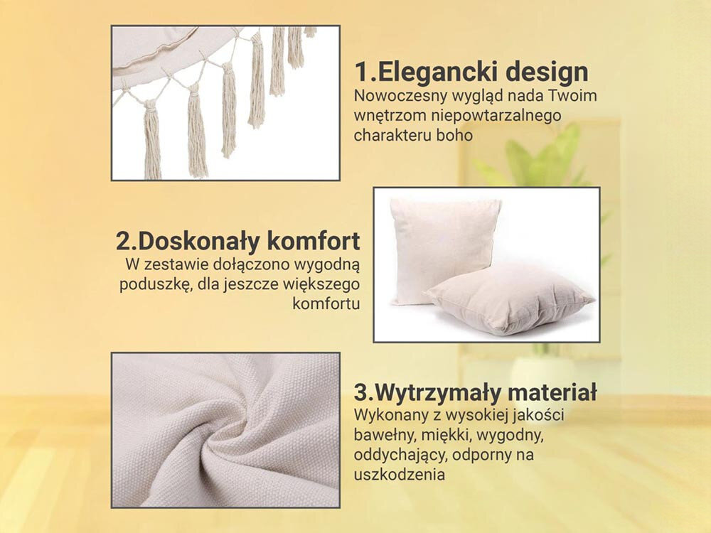 Fotel hamakowy podwieszany BLACK FOREST EX.25302 100 x 130 cm Beżowy, kombinacja, wygoda, minimalistyczna, aranżacje, w tle pokój gościnny, na pierwszym planie fotel z wizualizacją wymiarów oraz logotypem udźwigu