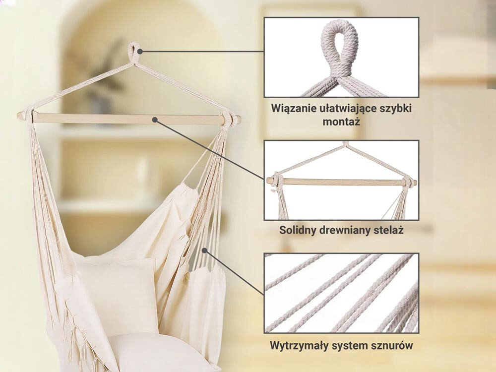 Fotel hamakowy podwieszany BLACK FOREST EX.25302 100 x 130 cm Beżowy, komfort, siedzisko, poduszka, tkanina, w tle pokój, na pierwszym planie kobieta na fotelu obok zbliżenie na materiał fotela