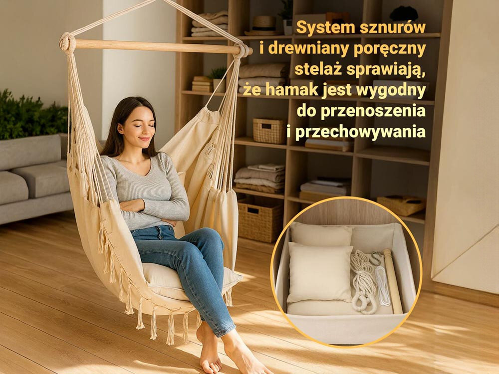 Fotel hamakowy podwieszany BLACK FOREST EX.25302 100 x 130 cm Beżowy, stelaż, sznury, stabilność, lekkość, na zdjęciu część fotela oraz zbliżenie na 3 części fotela wraz z zdjęciami
