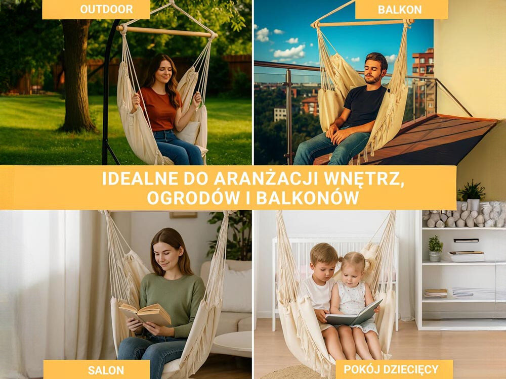 Fotel hamakowy podwieszany BLACK FOREST EX.25302 100 x 130 cm Beżowy, akcent, pasuje, wnętrza, stelaż, 4 zdjęcia w 1 przedstawiające wszestronność fotela w różnego typu środowisk