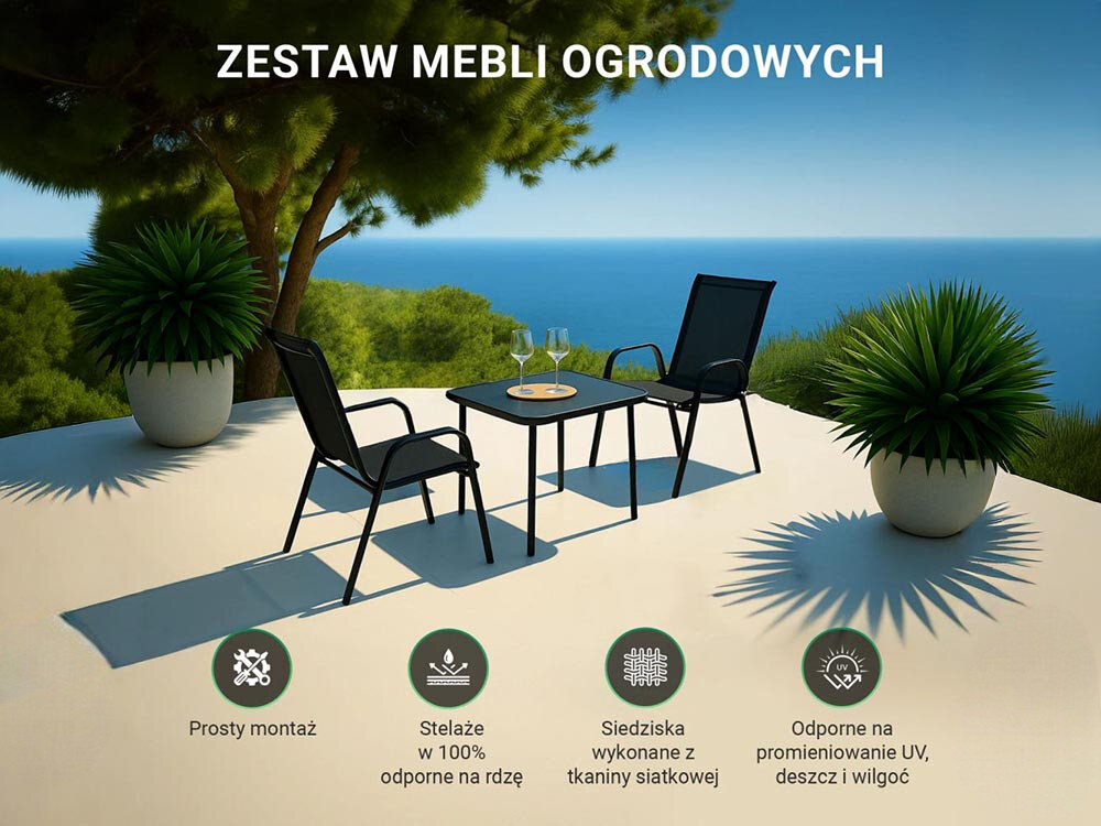Zestaw mebli ogrodowych BLACK FOREST L-0750 Czarny, wygoda, komfort, siedzenie, odpoczynek, zestaw krzeseł ze stolikiem na tarasie wraz z logotypami poniżej