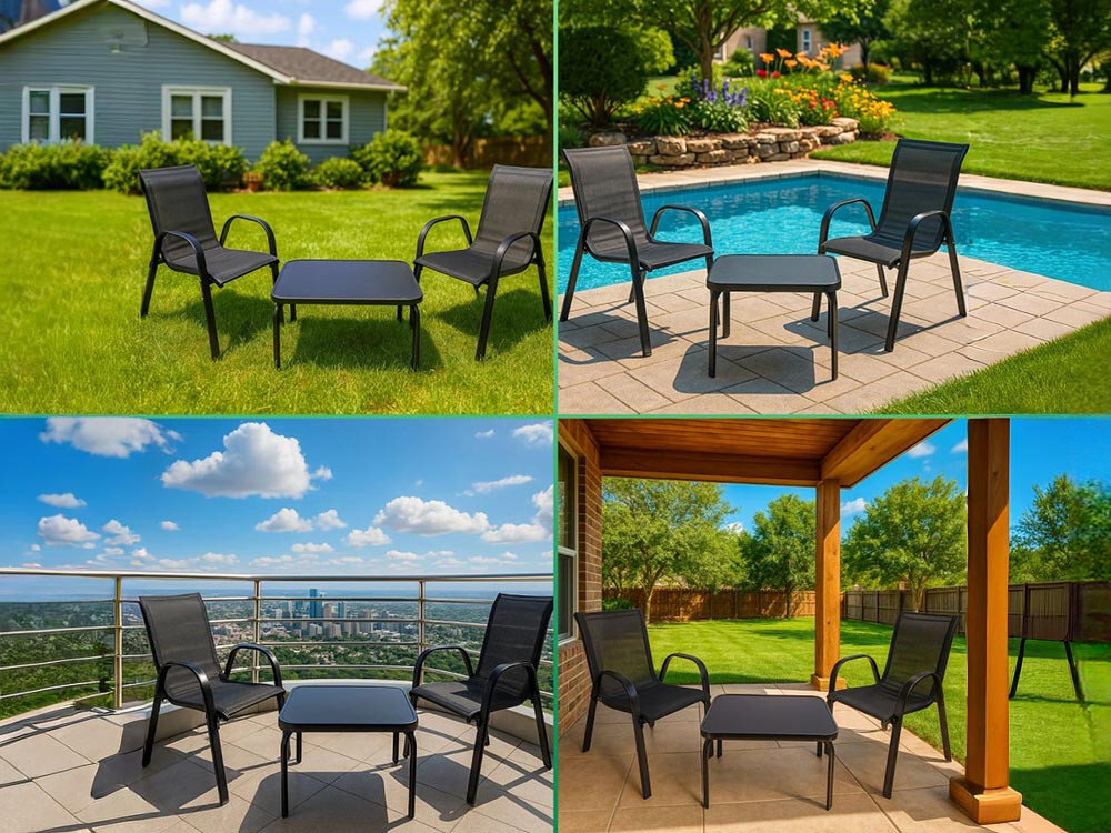 Zestaw mebli ogrodowych BLACK FOREST L-0750 Czarny, relaks, aranżacje, design, charakter, 4 zdjęcia w 1 przedstawiające zestaw w różnego rodzaju środowisku