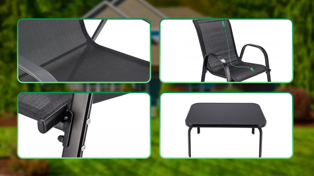 Zestaw mebli ogrodowych BLACK FOREST L-0750 Czarny, odporność, trwałość, proszkowo, stal, 4 zdjęcia w 1 przedstawiające elementy zestawu w zbliżeniu