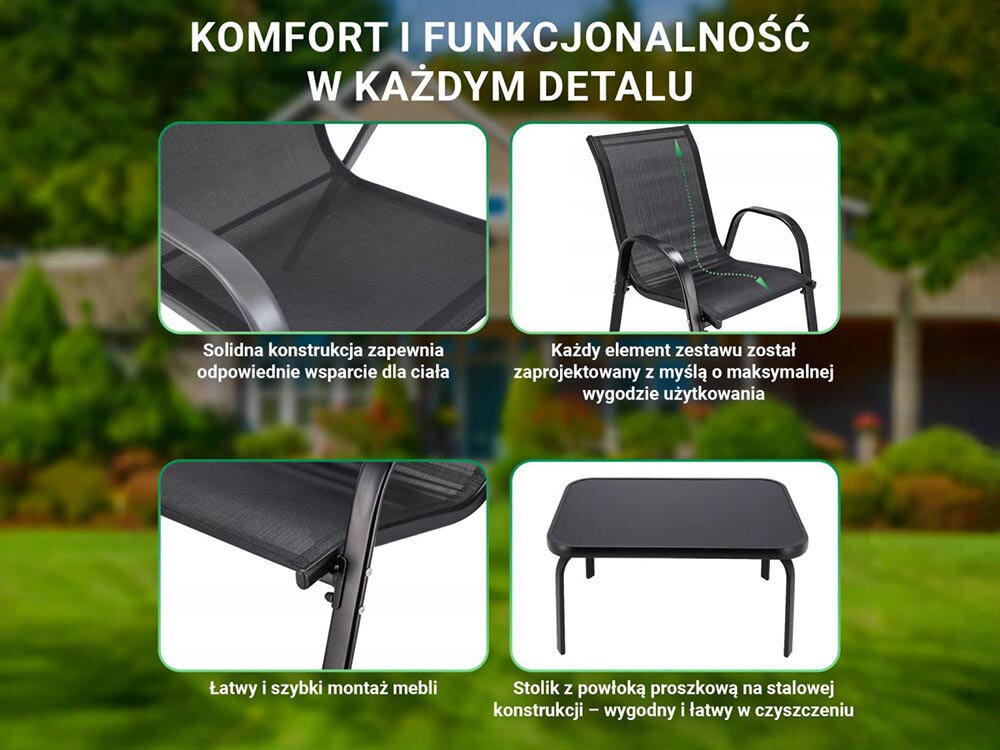 Zestaw mebli ogrodowych BLACK FOREST L-0750 Czarny, odporność, trwałość, proszkowo, stal, 4 zdjęcia w 1 przedstawiające elementy zestawu w zbliżeniu
