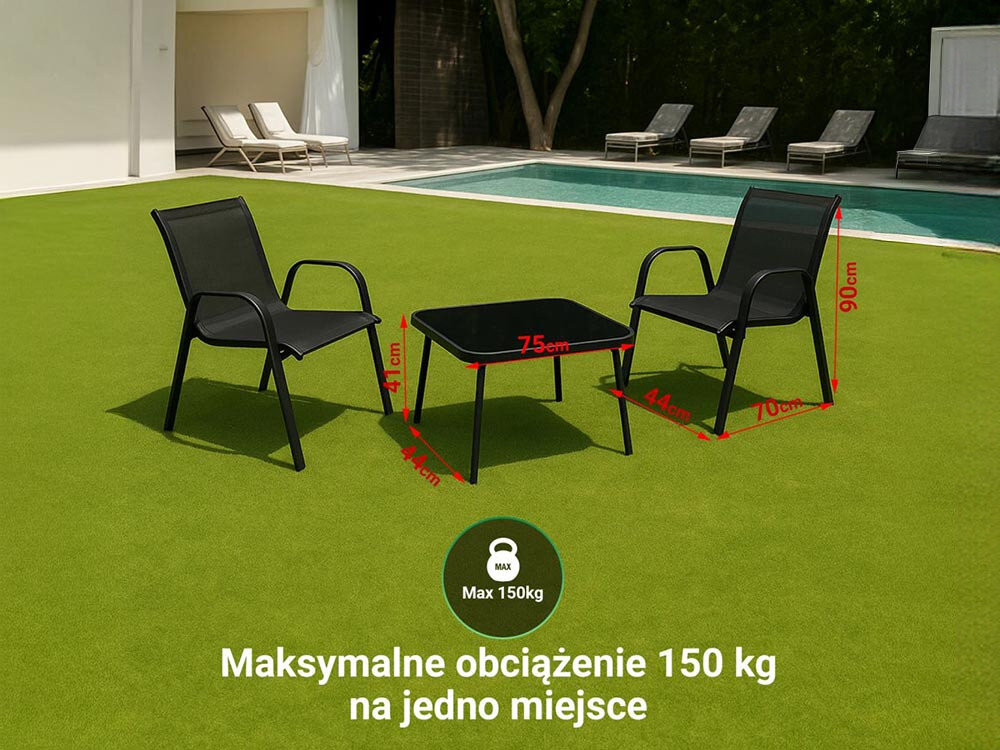 Zestaw mebli ogrodowych BLACK FOREST L-0750 Czarny, komfort, wygoda, odpoczynek, oparcie, w tle basen i trawa, na pierwszym planie zestaw krzeseł i stolik wraz z wizuzalizacją wymiarów i udźwigu