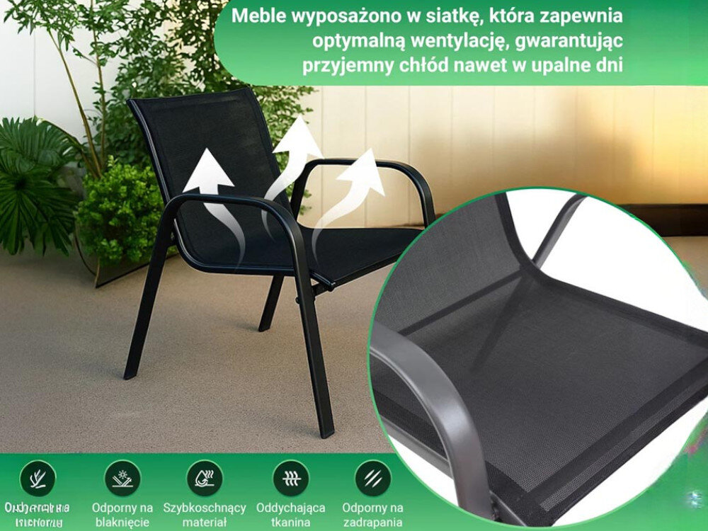 Zestaw mebli ogrodowych BLACK FOREST L-0750 Czarny, montaż, elementy, meble, odporny, krzesło z wizualizacją odparowania wraz z logotypami zalet zestawu oraz zbliżenie na siedzisko krzesła
