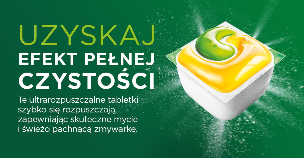 Kapsułki do zmywarki FAIRY Platinum Plus All in One Lemon - 100 szt. Zbliżenie na trójkolorową tabletkę do zmywarki Fairy w rozprysku wody. Tekst o szybkim rozpuszczaniu się kapsułek i świeżym zapachu.
