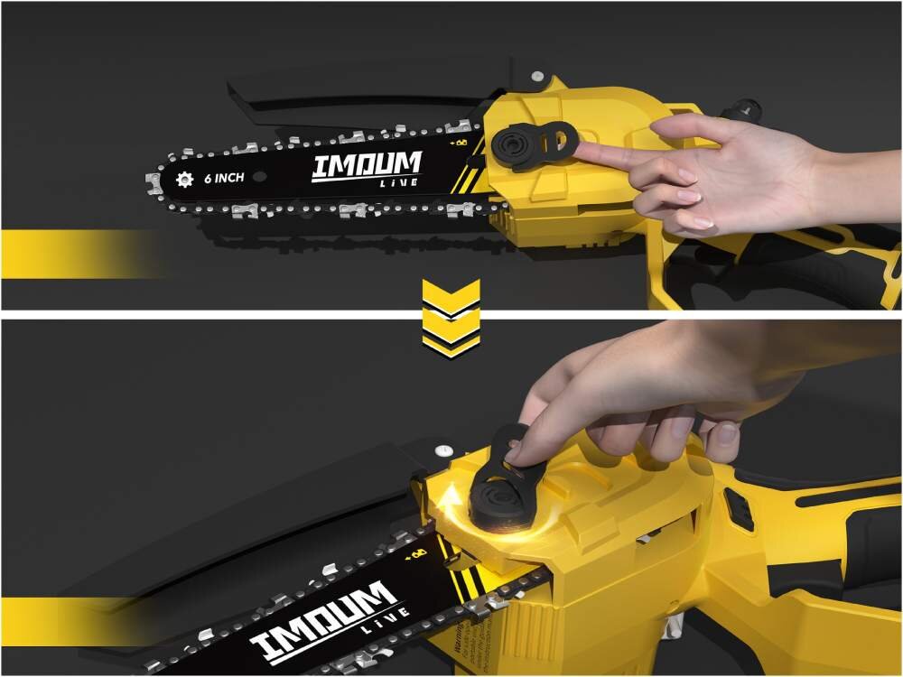 Obraz przedstawia akumulatorową piłę łańcuchową IMOUM DLJS6 z widocznym logo \'IMOUM LIVE\' i napisem \'6 INCH\'. Dłoń reguluje element na żółtej obudowie piły.