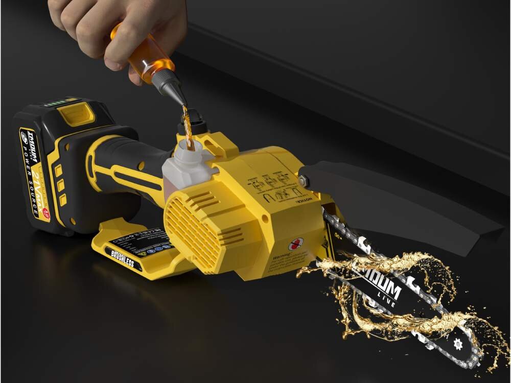Na obrazie widoczna jest żółta piła łańcuchowa z napisem \'BRUSHLESS\' oraz \'IMOUUM\'. Osoba nalewa olej do piły, a z łańcucha widać rozpryskujący się płyn.