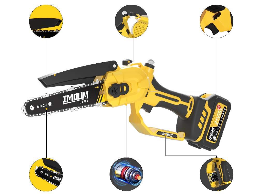 Obraz przedstawia akumulatorową piłę łańcuchową w kolorze żółto-czarnym z widocznym logo \'IMOUM\' na prowadnicy. Wokół piły znajdują się powiększone fragmenty jej elementów, takich jak uchwyt, bateria i mechanizm tnący.
