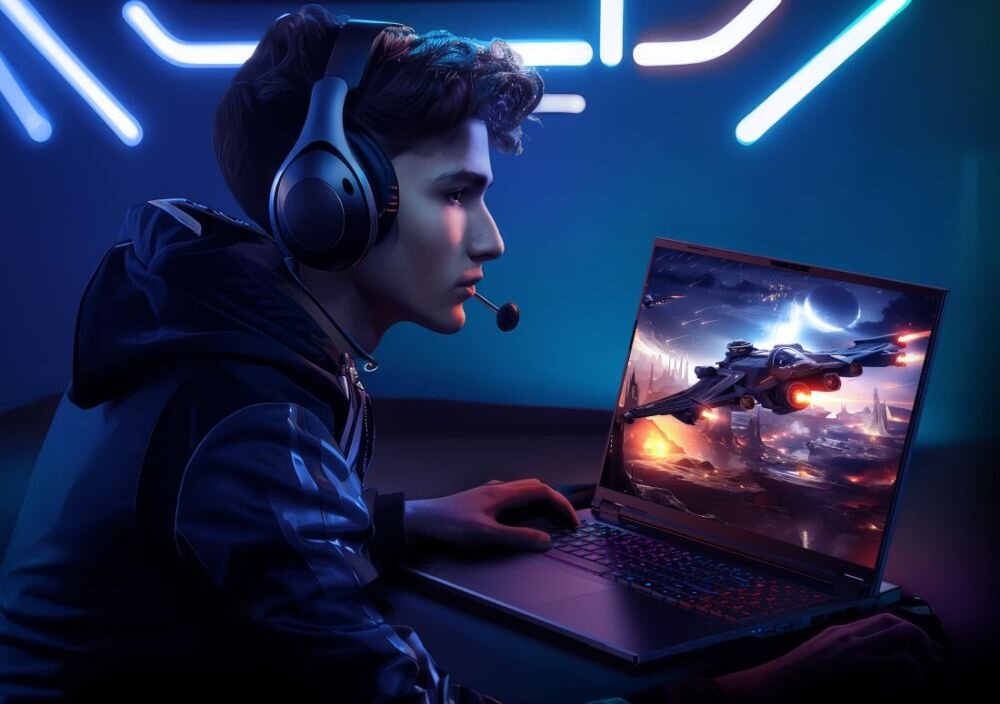  Gamer kobieta w słuchawkach z mikrofonem gra na laptopie Predator z grą wyścigową samochodów futurystycznych, niebieskie neony LED w tle, setup gamingowy - NVIDIA GeForce RTX, GDDR7, DLSS 4 