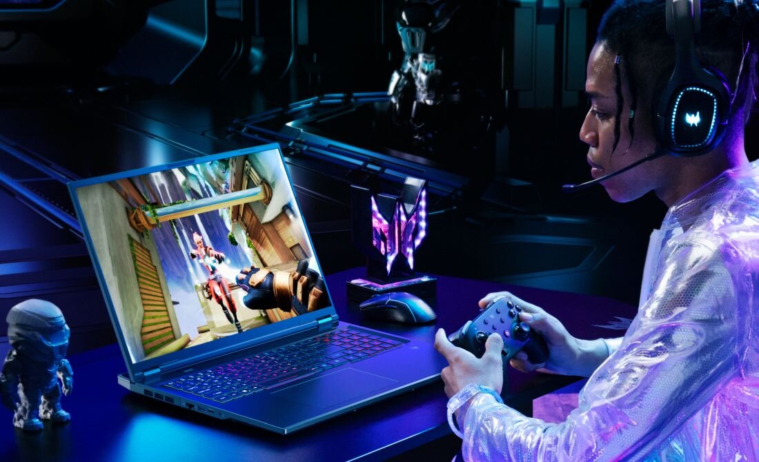  Laptop Acer Predator Helios Neo grafitowy z padem Xbox niebieski i myszką gamingową, gra na ekranie postacie z bronią, fioletowe neony, figurki w tle - Duży ekran, System chłodzenia, Klawiatura z podświetleniem RGB 