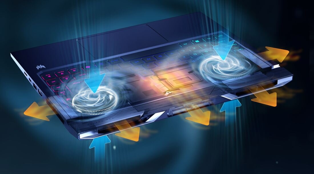 Wizualizacja technologii Vortex Flow w laptopie PREDATOR Helios Neo, przezroczysta grafika pokazująca dwa duże wentylatory chłodzące, strzałki ilustrujące przepływ powietrza wokół całego urządzenia, podświetlana klawiatura RGB, zaawansowane rozwiązanie termiczne zapewniające optymalną temperaturę podczas intensywnej rozgrywki - Vortex Flow  