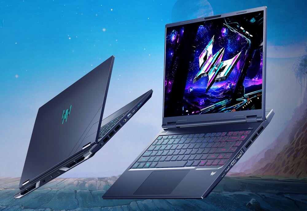 Dwa laptopy PREDATOR Helios Neo z podświetlaną klawiaturą RGB i charakterystycznym logo Predator, elegancki design w kolorze granatowym, futurystyczne tło z górami i przestrzeniami wodnymi, perfekcyjne połączenie wydajności i estetyki dla wymagających graczy      