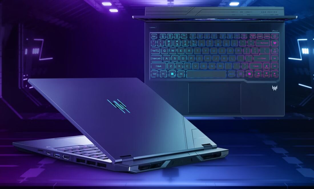 Laptop gamingowy PREDATOR Helios Neo o eleganckiej konstrukcji z otwartą pokrywą, podświetlana klawiatura RGB w odcieniach fioletu i niebieskiego, design z logo Predator, w futurystycznym otoczeniu z neonowymi światłami, dobra konstrukcja dla wymagających graczy - Metalowa konstrukcja obudowy  