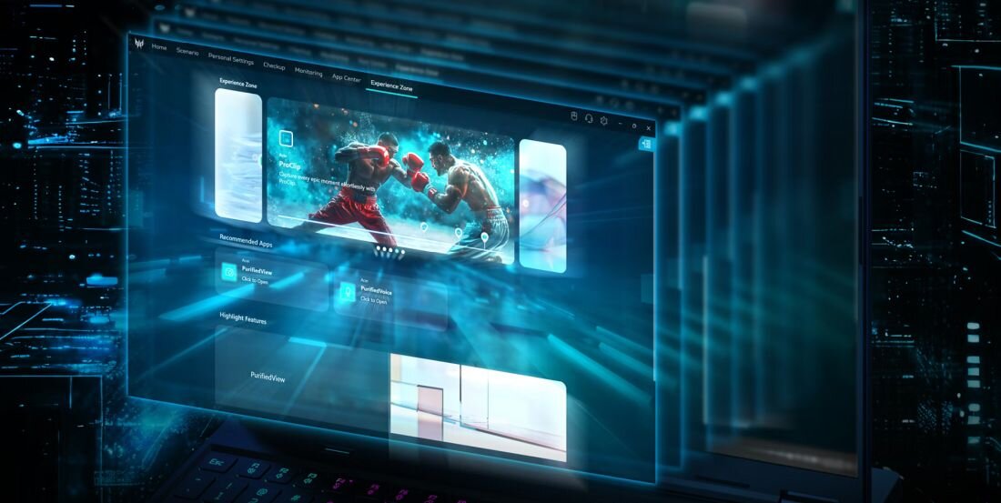 Futurystyczny interfejs aplikacji PredatorSense w wirtualnej przestrzeni 3D z niebieskimi efektami świetlnymi, widoczne sekcje Experience Zone, Recommended Apps jak PurifiedView i PurifiedVoice, zaawansowane zarządzanie wydajnością laptopa gamingowego PREDATOR Helios Neo - PredatorSense  
