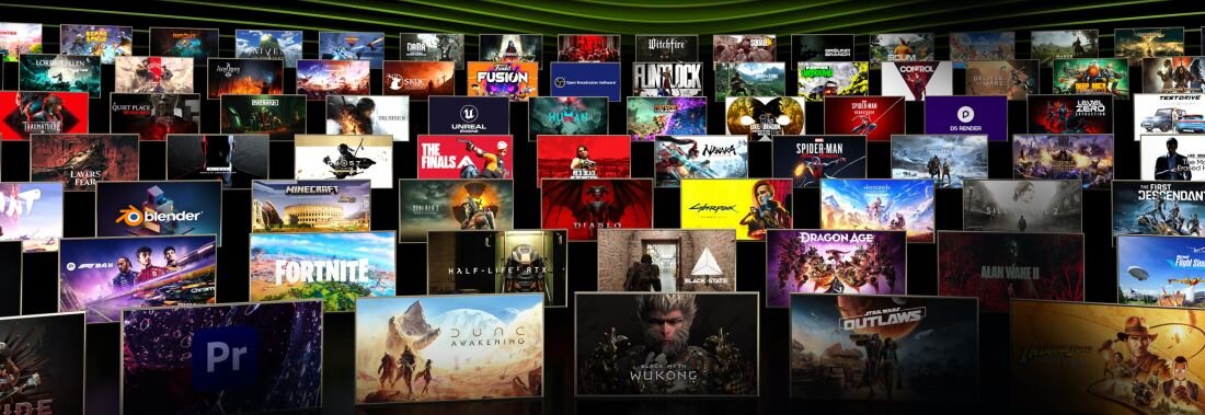 Bogata biblioteka gier wyświetlana na ekranie, w tym Fortnite, Minecraft, Cyberpunk, Diablo, Spider-Man i wiele innych, kolekcja AAA oraz niezależnych tytułów, katalog platform Blender, Adobe Premiere i Unreal Engine, dobre dla graczy i twórców treści - NVIDIA GeForce RTX 