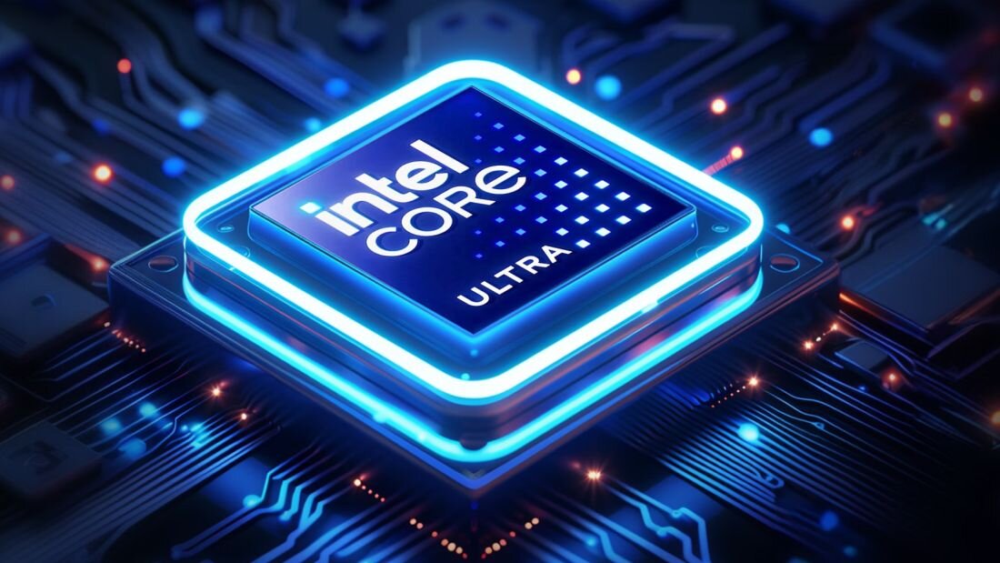  Procesor Intel Core Ultra na płycie głównej cyfrowej z niebieskimi ścieżkami elektronicznymi podświetlonymi, kolorowe światła pomarańczowe niebieskie, tło technologiczne - Intel Core Ultra Pamięć DDR5 Dysk SSD 