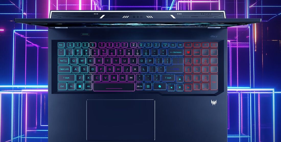  Laptop Predator klawiatura RGB kolorowa podświetlona turkusowa fioletowa czerwona z logiem Predator białym na touchpadzie, neony LED w tle fioletowe różowe - Klawiatura z 4-strefowym podświetleniem RGB 