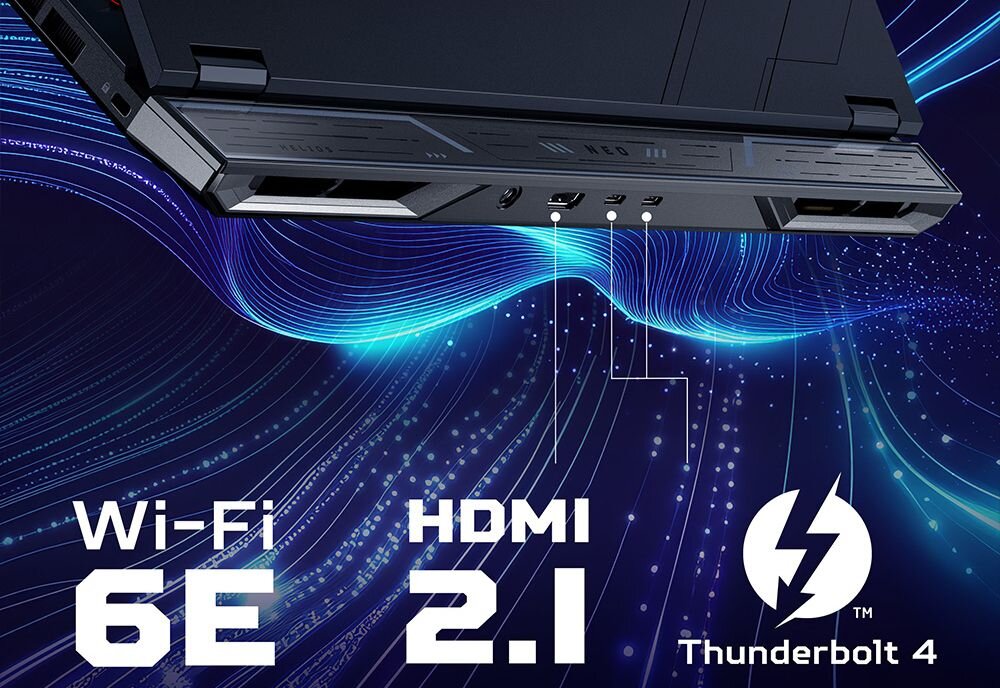  Laptop Predator tylne porty USB HDMI Thunderbolt czarny grafitowy z niebieskimi falami danych świetlnymi, napisy Wi-Fi 6E HDMI Thunderbolt białe, tło cyfrowe - Wi-Fi 6E Thunderbolt 4  