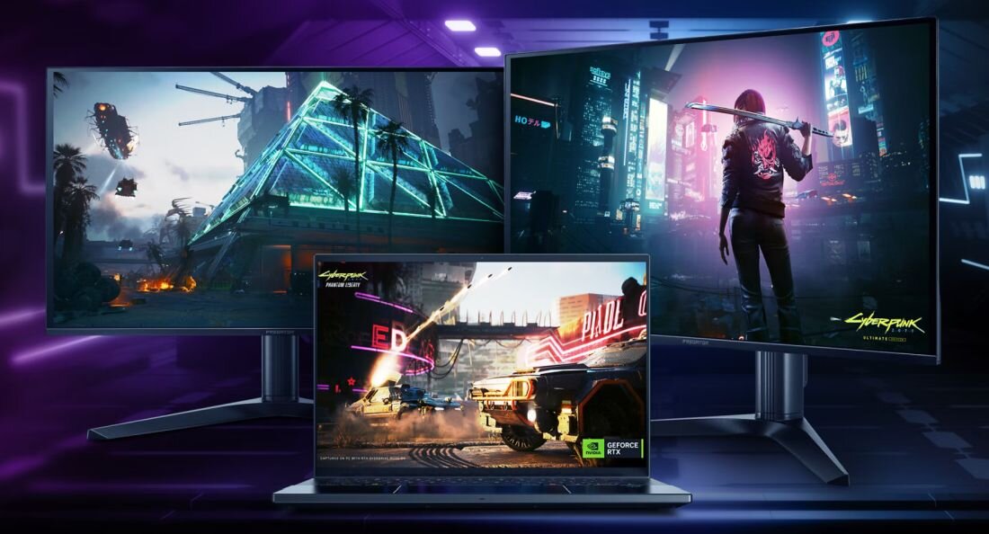 Laptop gamingowy PREDATOR Helios Neo z dwoma monitorami zewnętrznymi wyświetlającymi sceny z gry Cyberpunk 2077, naklejka NVIDIA GeForce RTX widoczna na urządzeniu, zaawansowana konfiguracja do gamingu i multimediów, dobra dla profesjonalnych graczy wymagających wielu ekranów - Wi-Fi 6E HDMI 2.1 