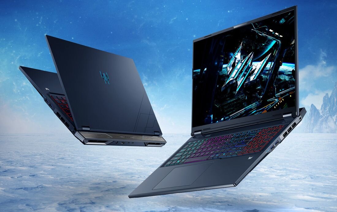  Laptop Acer Predator Helios Neo otwarty zamknięty czarny unosi się w powietrzu na tle nieba z chmurami gwiazdy, klawiatura RGB kolorowa, logo Predator  