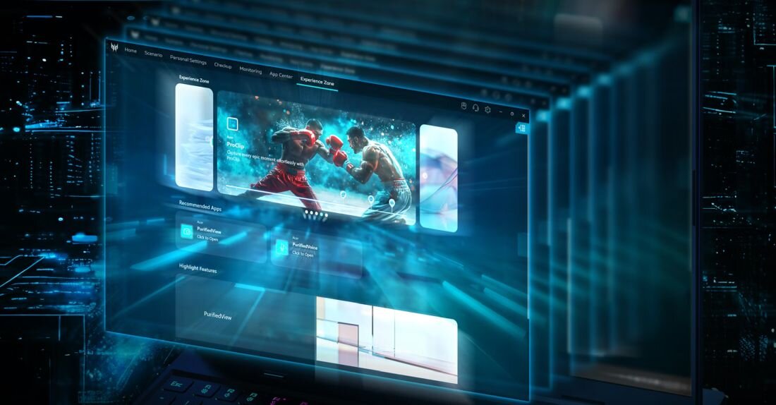 Interfejs Predator Sense przezroczysty holograficzny z grafiką walki bokserów, kafelki aplikacji rekomendowanych białe niebieskie, tło futurystyczne z neonami, logo Predator - Aplikacja PredatorSense PurifiedVoice Experience Zone 