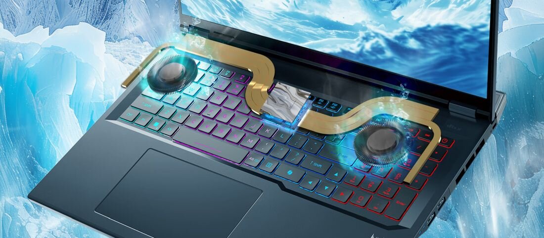  Laptop Predator klawiatura RGB z przezroczystą nakładką pokazującą system chłodzenia dwa wentylatory złote rurki, lód śnieg w tle, efekt mrozu - System chłodzenia wentylatorami AeroBlade 