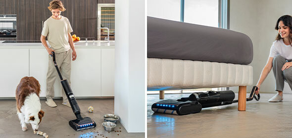 Chłopak odkurza rozlaną wodę i karmę psa w kuchni za pomocą bezprzewodowego odkurzacza X-CLEAN 7 z oświetleniem LED.