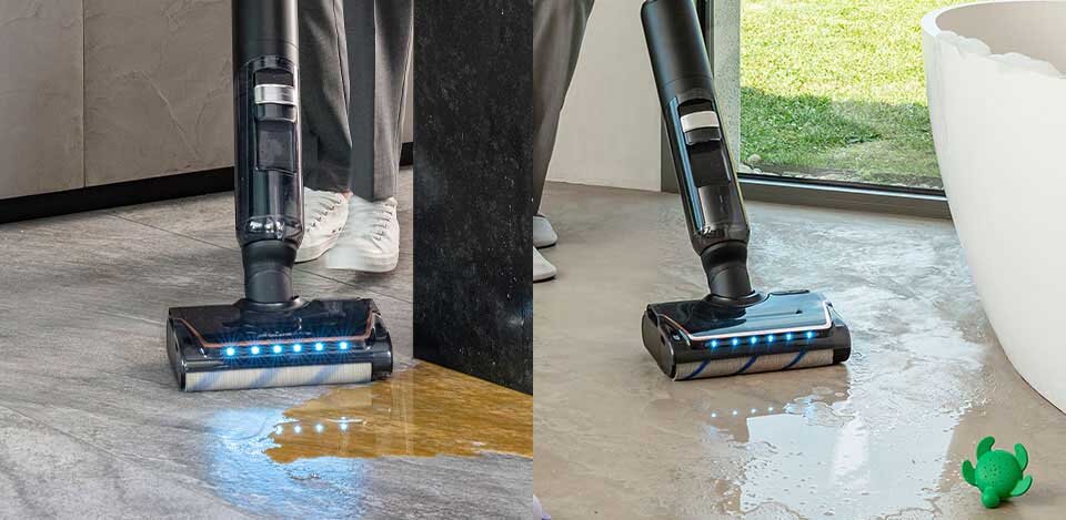 Bezprzewodowy odkurzacz X-CLEAN 7 z diodami LED zbiera wodę z płytek i paneli w różnych pomieszczeniach.