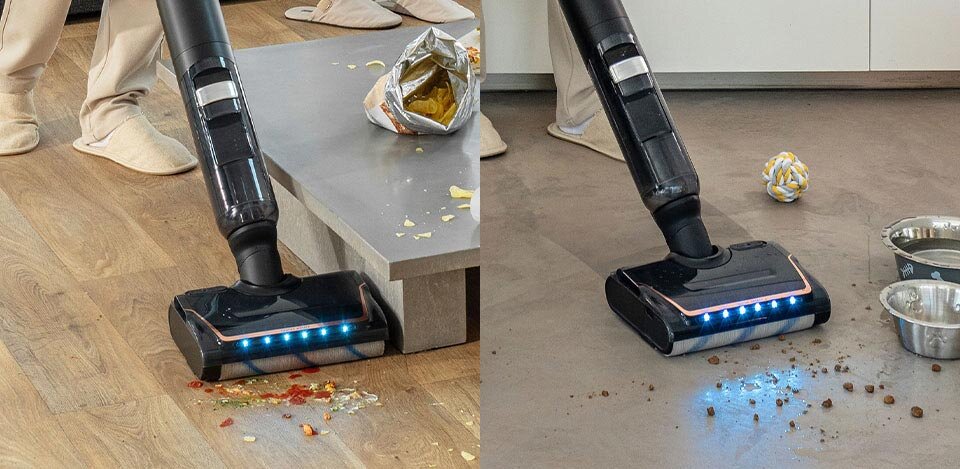 Bezprzewodowy odkurzacz X-CLEAN 7 z diodami LED zbiera chipsy i zabrudzenia z paneli i płytek w różnych pomieszczeniach.