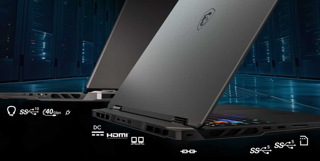 Zbliżenie na tylną i boczną krawędź laptopa MSI Vector, prezentujące bogactwo portów z ikonami: gniazdo audio, USB-C (40Gbps), USB-A (10Gbps i 5Gbps), HDMI i złącze zasilania, na tle serwerowni. - USB 4 z Thunderbolt 4, HDMI 2.1 