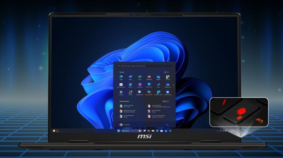 Otwarty laptop MSI Vector na tle niebieskiej, cyfrowej siatki, na ekranie pulpit systemu Windows 11 z otwartym menu Start; w powiększeniu widoczny dedykowany, podświetlony na czerwono klawisz Copilot, co podkreśla integrację ze sztuczną inteligencją. - Microsoft Copilot w systemie Windows