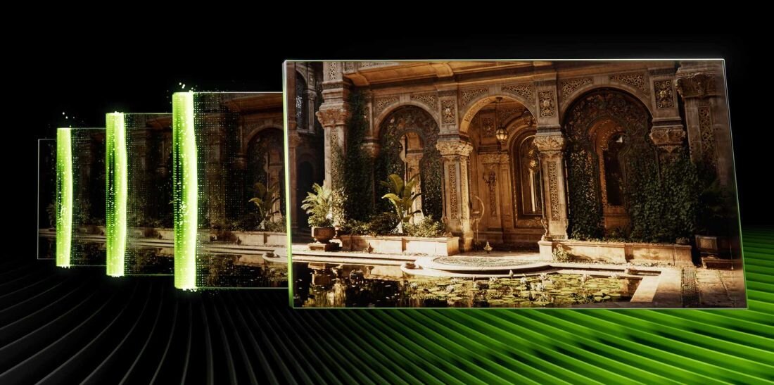 Graficzna prezentacja technologii NVIDIA DLSS – scena z gry przedstawiająca architekturę pałacową jest podzielona na kilka warstw; lewe warstwy są mniej szczegółowe i złożone z zielonych linii, a prawe są ostre i w pełni wyrenderowane, co pokazuje poprawę jakości obrazu. - NVIDIA DLSS 4, GeForce RTX z serii 50  