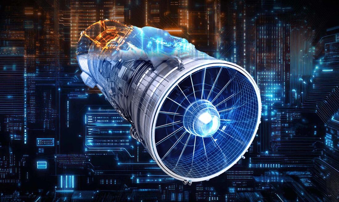 Wizualizacja procesora na tle futurystycznego silnika odrzutowego, otoczonego przez niebieskie, cyfrowe obwody i pomarańczowe rozbłyski energii, co symbolizuje ekstremalną wydajność i moc obliczeniową laptopa MSI Vector. - Intel Core Ultra, NPU  