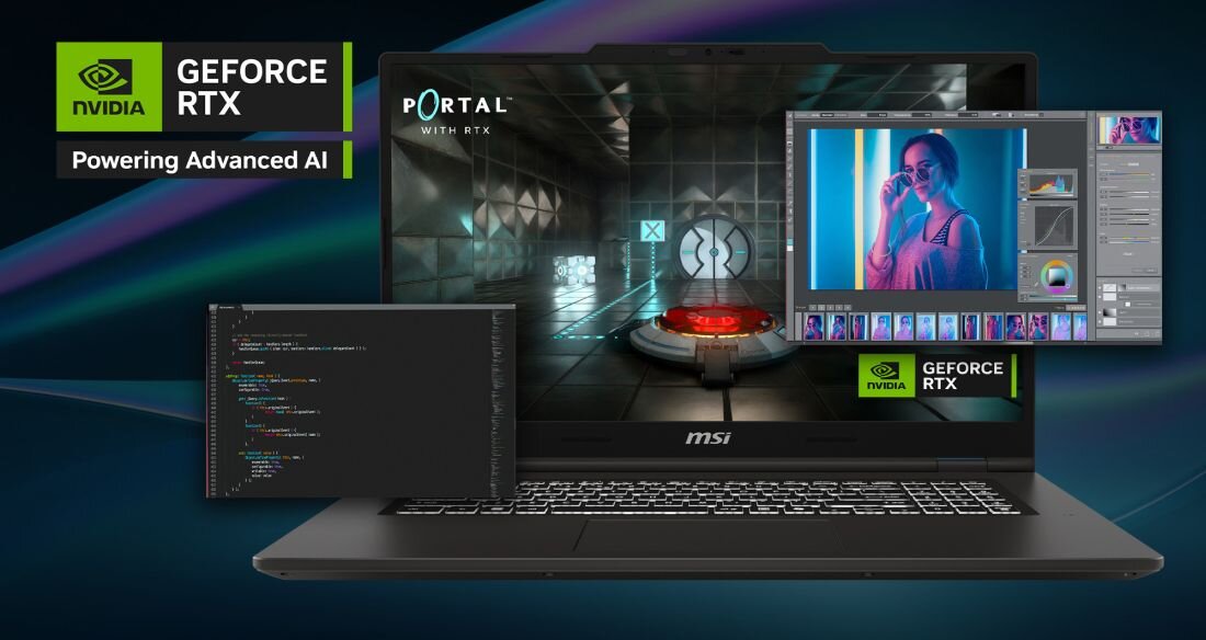 Laptop MSI VenturePro z technologią NVIDIA GeForce RTX, demonstrujący wielozadaniowość – na ekranie jednocześnie uruchomiona gra Portal with RTX, aplikacja do edycji grafiki i edytor kodu, podkreślający wydajność w gamingu i pracy kreatywnej. - NVIDIA GeForce RTX, NVIDIA Ada Lovelace