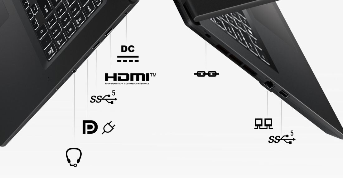 Porty i złącza w laptopie MSI VenturePro – szczegółowy widok lewej i prawej strony z opisanymi portami DC, HDMI, USB-A (SS 5), gniazdem audio, USB-C z DisplayPort, Ethernet i dodatkowymi złączami USB. - USB-C, HDMI Ethernet