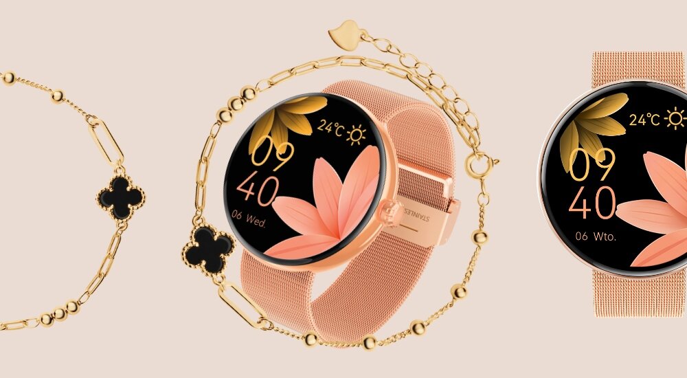 Smartwatch forever Forevive 5 SB-365 Różowo-złoty + bransoletka Verona kobiety stylizacja detale 