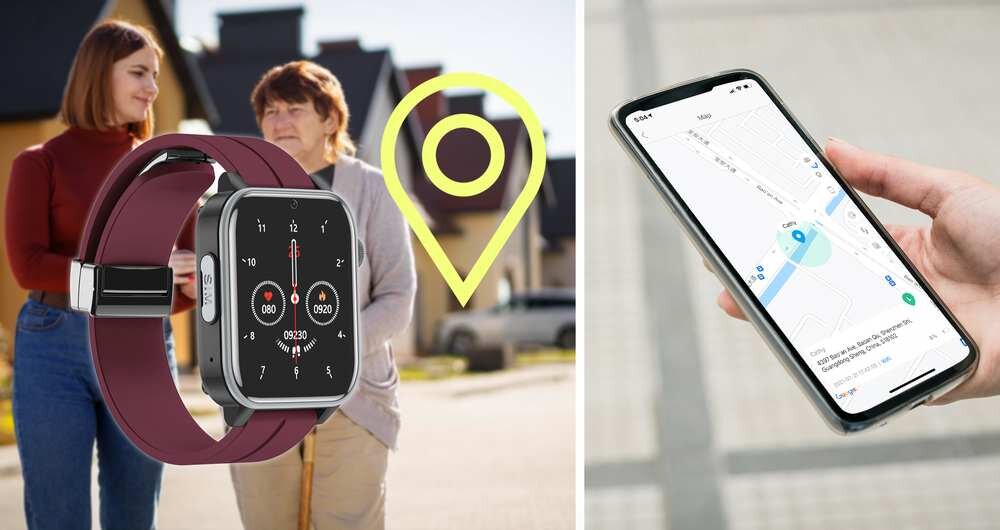 Na obrazie widoczny jest bordowy smartwatch z wyświetlaczem pokazującym czas i datę, obok dwóch osób na tle domów. Po prawej stronie znajduje się dłoń trzymająca smartfon z mapą na ekranie.