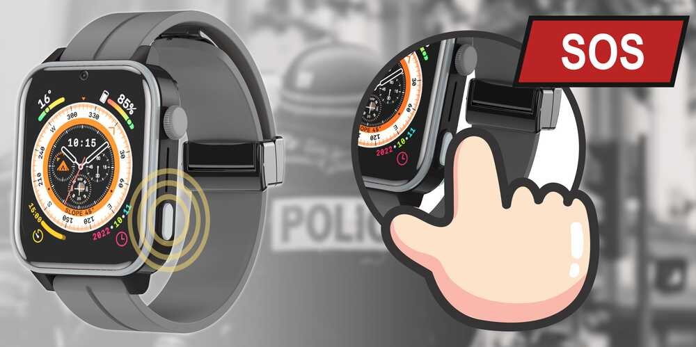 Na obrazie widoczny jest smartwatch z okrągłym wyświetlaczem, na którym widać różne wskaźniki i godzina 10:15. Obok znajduje się grafika przedstawiająca palec dotykający przycisk na zegarku oraz czerwony prostokąt z napisem \'SOS\'.