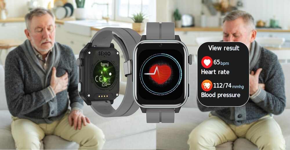 Na obrazie widoczny jest smartwatch z wyświetlaczem pokazującym tętno i ciśnienie krwi oraz starszy mężczyzna trzymający się za klatkę piersiową. Na ekranie zegarka widnieje tekst: \'View result. Heart rate 65 bpm. Blood pressure 112/74 mmHg\'.