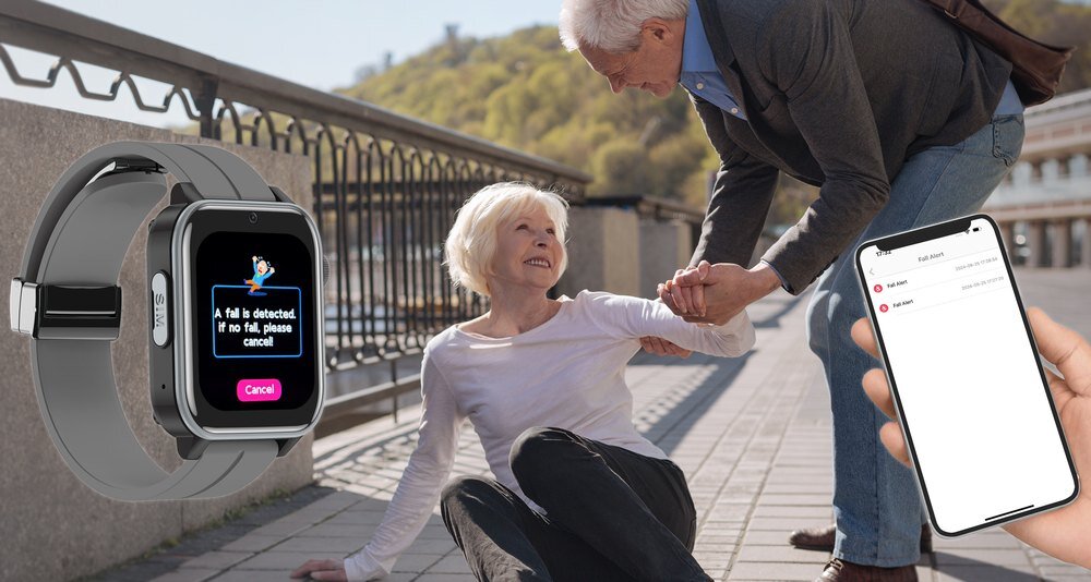 Na obrazie widać smartwatch z wyświetlaczem pokazującym komunikat: \'A fall is detected, if no fall, please cancel\'. Obok smartwatcha starsza kobieta siedzi na chodniku, a mężczyzna pomaga jej wstać; widać także dłoń trzymającą smartfon z aplikacją na ekranie.