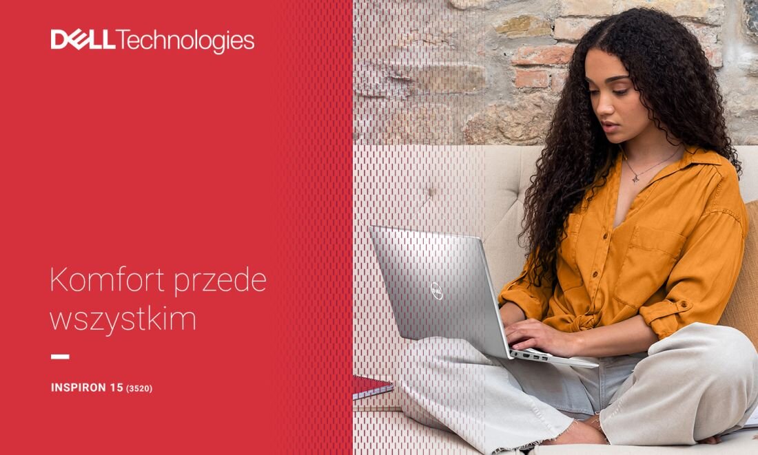 Osoba siedzi na kanapie z laptopem na kolanach, ubrana w pomarańczową koszulę. Po lewej stronie widoczny jest czerwony panel z tekstem: \'DELL Technologies\', \'Komfort przede wszystkim\', \'INSPIRON 15 (3520)\'.
