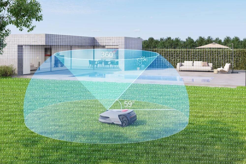 Robot koszący DREAME A1 Pro wizualizacja pola widzenia robota czujnik 3D Lidar 360 stopni w poziomie 59 stopni w pionie orientacja w przestrzeni