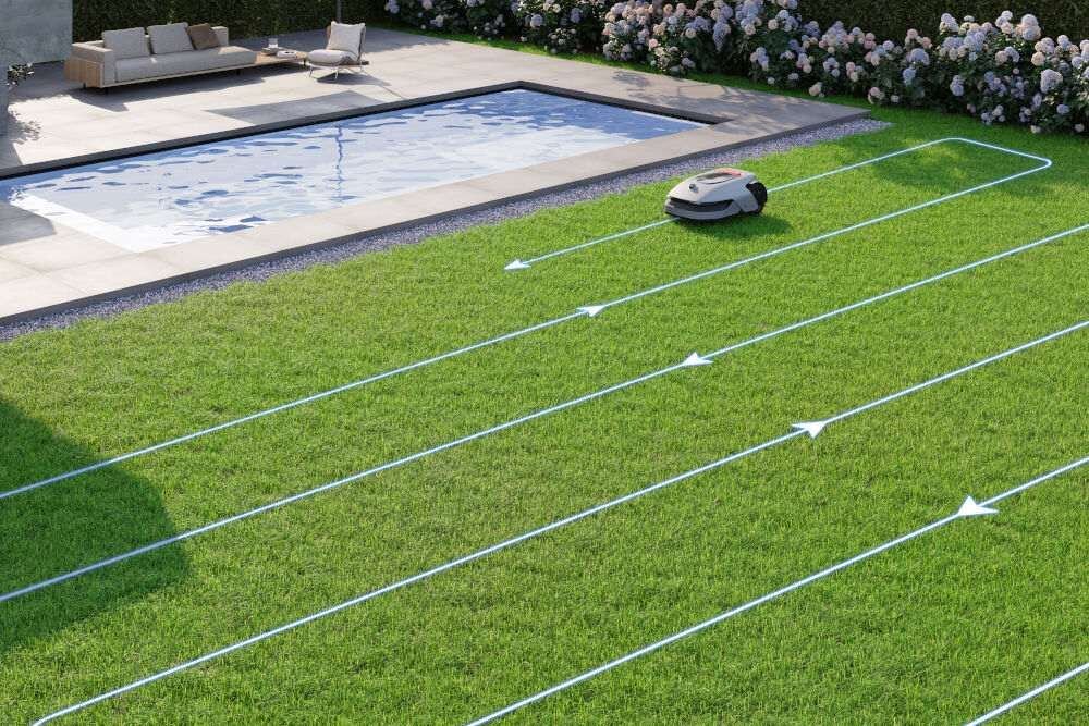 Robot koszący DREAME A1 Pro wizualizacja trasy na wzór litery U pełne pokrycie trawnika bez pominiętych obszarów optymalizacja czasu pracy czas ładowania 65 minut czas pracy 50 minut