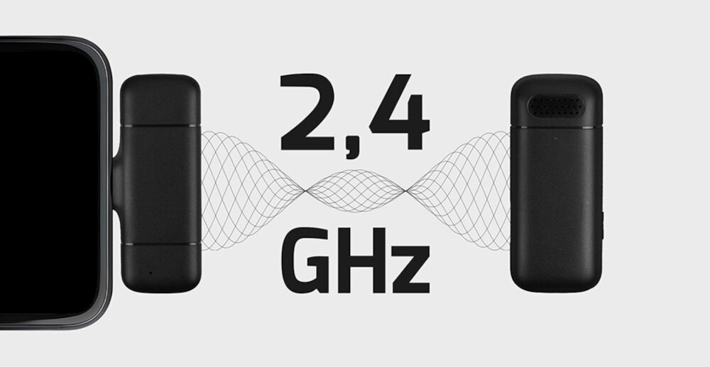 Obraz przedstawia dwa czarne urządzenia elektroniczne z napisem \'2,4 GHz\' pomiędzy nimi oraz falami symbolizującymi sygnał bezprzewodowy.