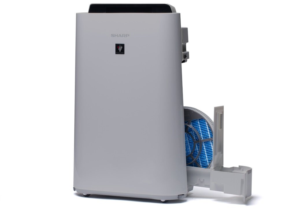 Na obrazie widoczny jest oczyszczacz powietrza w kolorze białym z logo \'SHARP\' na górze. Obok urządzenia znajduje się otwarta część z widocznym niebieskim filtrem.