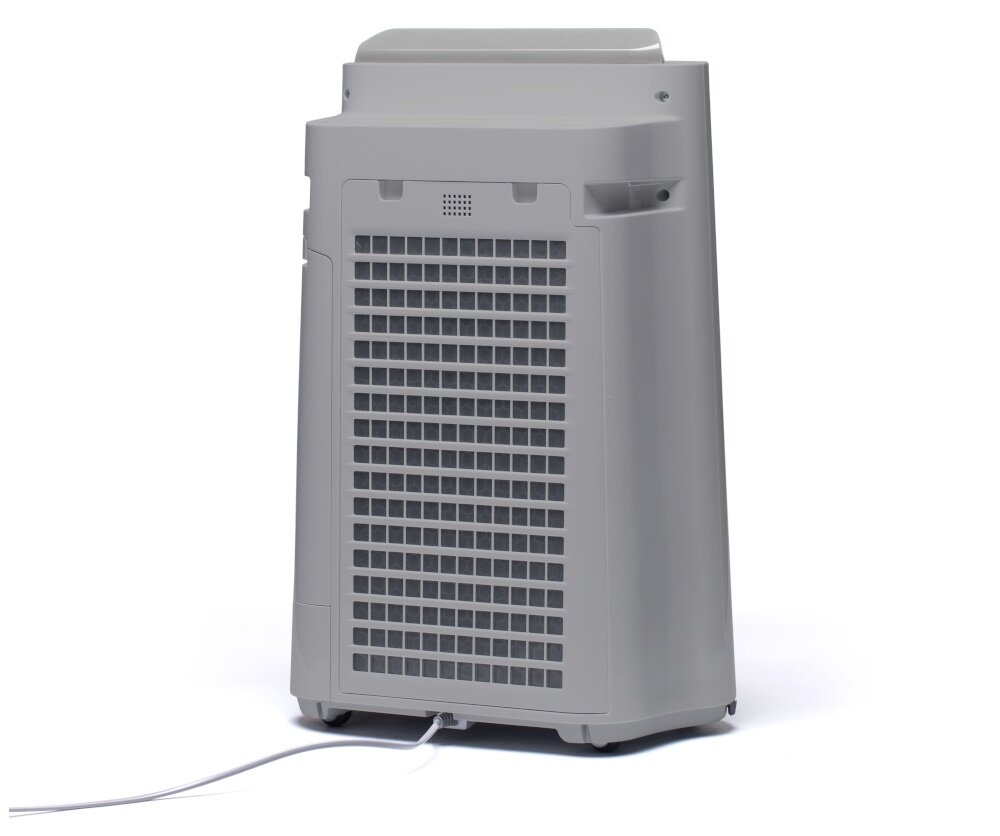 Szary oczyszczacz powietrza z widoczną kratką wentylacyjną i przewodem zasilającym. Urządzenie stoi na płaskiej powierzchni.