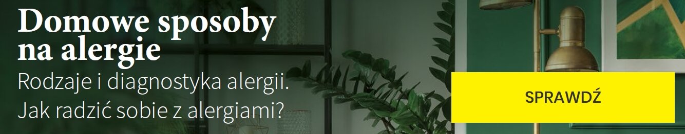 Obraz przedstawia napis \'Domowe sposoby na alergie. Rodzaje i diagnostyka alergii. Jak radzić sobie z alergiami?\' oraz żółty przycisk z napisem \'SPRAWDŹ\'.