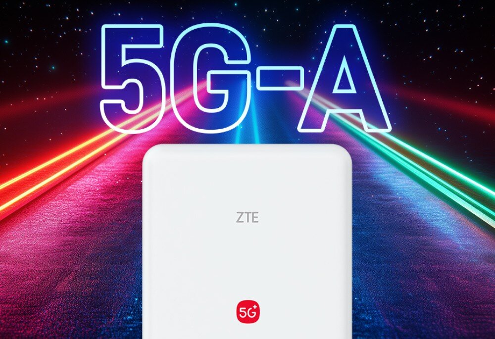 Router ZTE G51F 5G Router ZTE G51F 5G-A z podświetlonym napisem 5G-A na tle dynamicznych świateł w kolorach niebieskim i czerwonym. Ilustracja symbolizuje ultraszybką technologię 5G nowej generacji, zapewniającą wyjątkową prędkość transmisji danych i stabilne połączenie sieciowe.